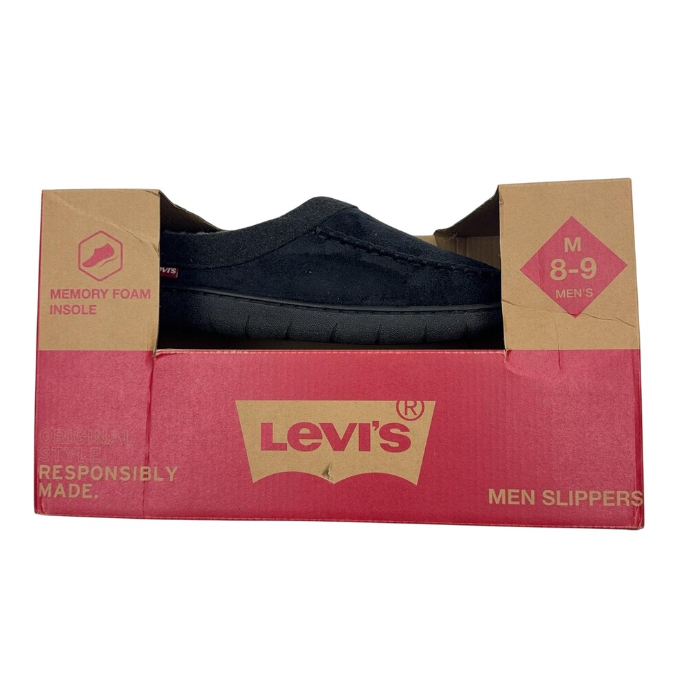 Levi's Moccasin Slippers Mens Size 8 Black Faux Suede Memory Foam Lined